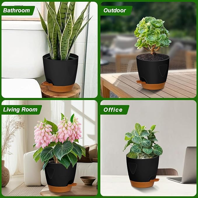 '- Uneed Plastic Flower Pot,5-Pack Plant Pots with Drainage 7/6.5/6/5.5/5 Inch,Self Watering Pots for Indoor Plants,Planters for Indoor Outdoor Plants (Black)