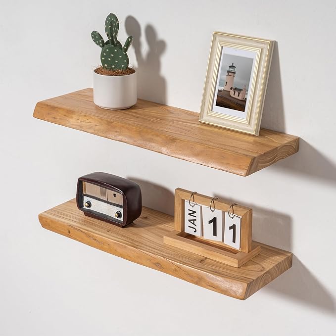 Axeman 24 inch Floating Shelves for Wall - 8'' D Live Edge Rustic Solid Elm Wood Floating Shelves Wall Mounted, Wall Shelves with Invisible Bracket for Living Room Bedroom Kitchen, Set of 2 Natural