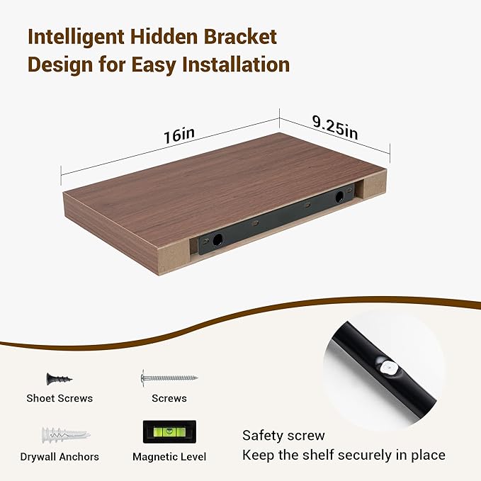 16 Inch Floating Shelves, 16"x9.25"x1.5" Inch Deep Floating Shelves for Wall, Wooden Shelves for Bathroom, Bedroom, Living Room, Walnut