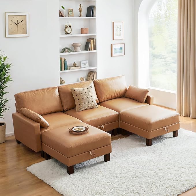 5 Seater Faux Leather Sofa Couch, 98'' L Shape Sectional Couch, Mid Century Modern Decor, Office Sectional Sofa Bed, for House, Apartment, Living Room, Tan