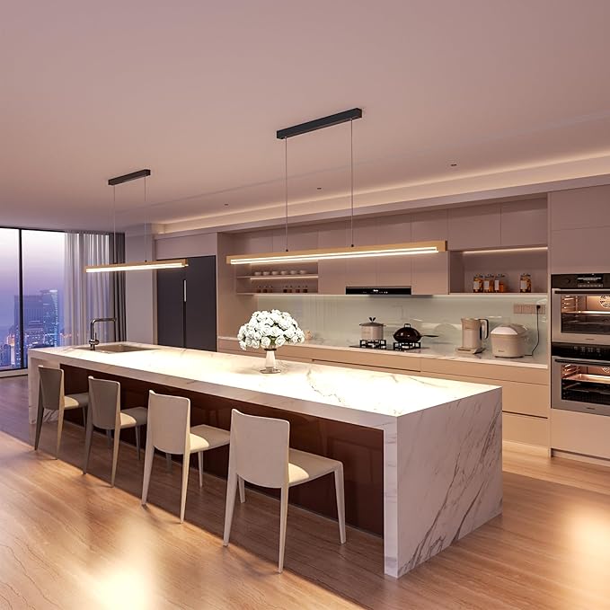 54" Linear Pendant Light Aluminum, 40W Gold Dimmable Kitchen Island Lighting with Remote & App Control, Adjustable CCT (3000K-6000K), Modern Chandelier for Home Office Dining Room Study