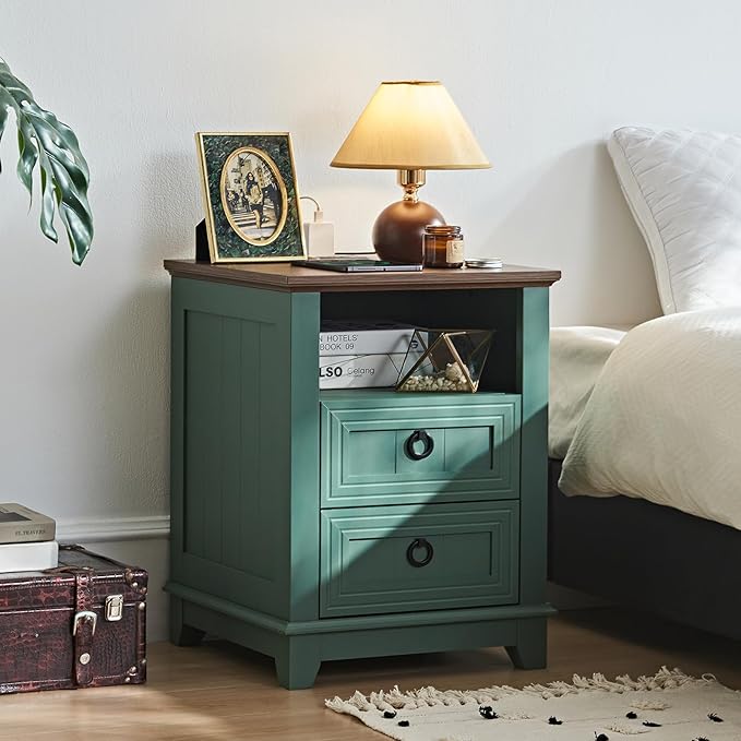 18" Farmhouse Night Stands Set of 2 with Charging Station, 2 Drawers Bedside End Table, Green Wooden Nightstand, Bed Side Table Cabinet with Open Shelf for Bedroom Living Room Office