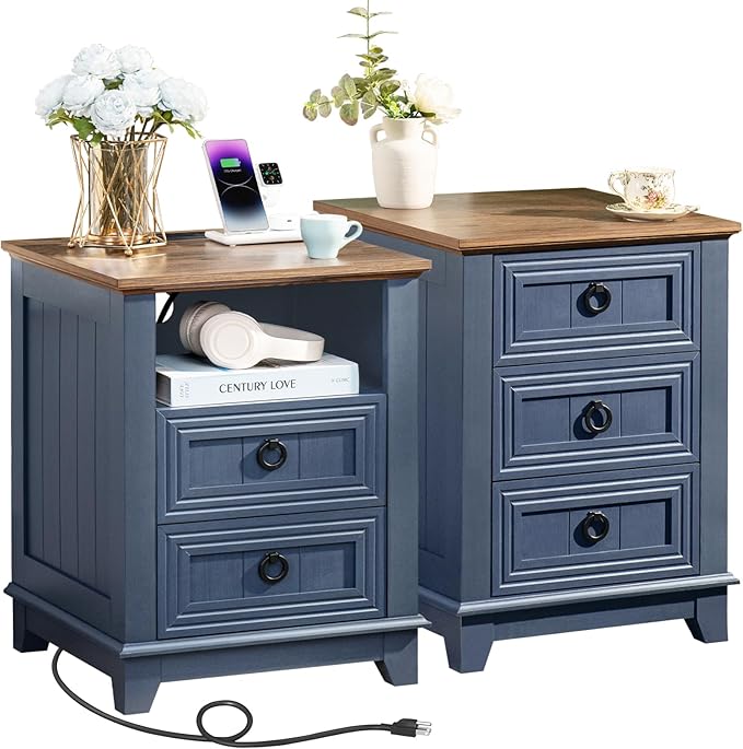 18" Farmhouse Night Stands Set of 2 with Charging Station, 2 & 3 Drawers End Table Dresser for Bedroom, Blue Wooden Nightstand, Bed Side Table with Open Shelf, Bedside Cabinet for Living Room