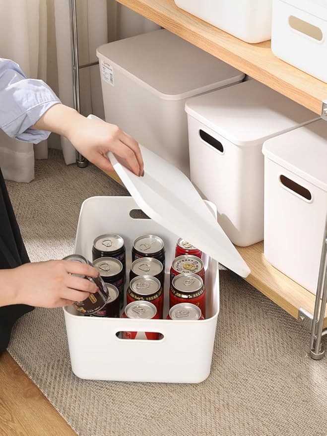 4 pack large plastic White storage bins Baskets, Toy Box Chest with Lids and Handle，Organizer Containers for Baby，Kids,snacks,Nursery，Shelves，Playroom, Bedroom，Office,Closet，home