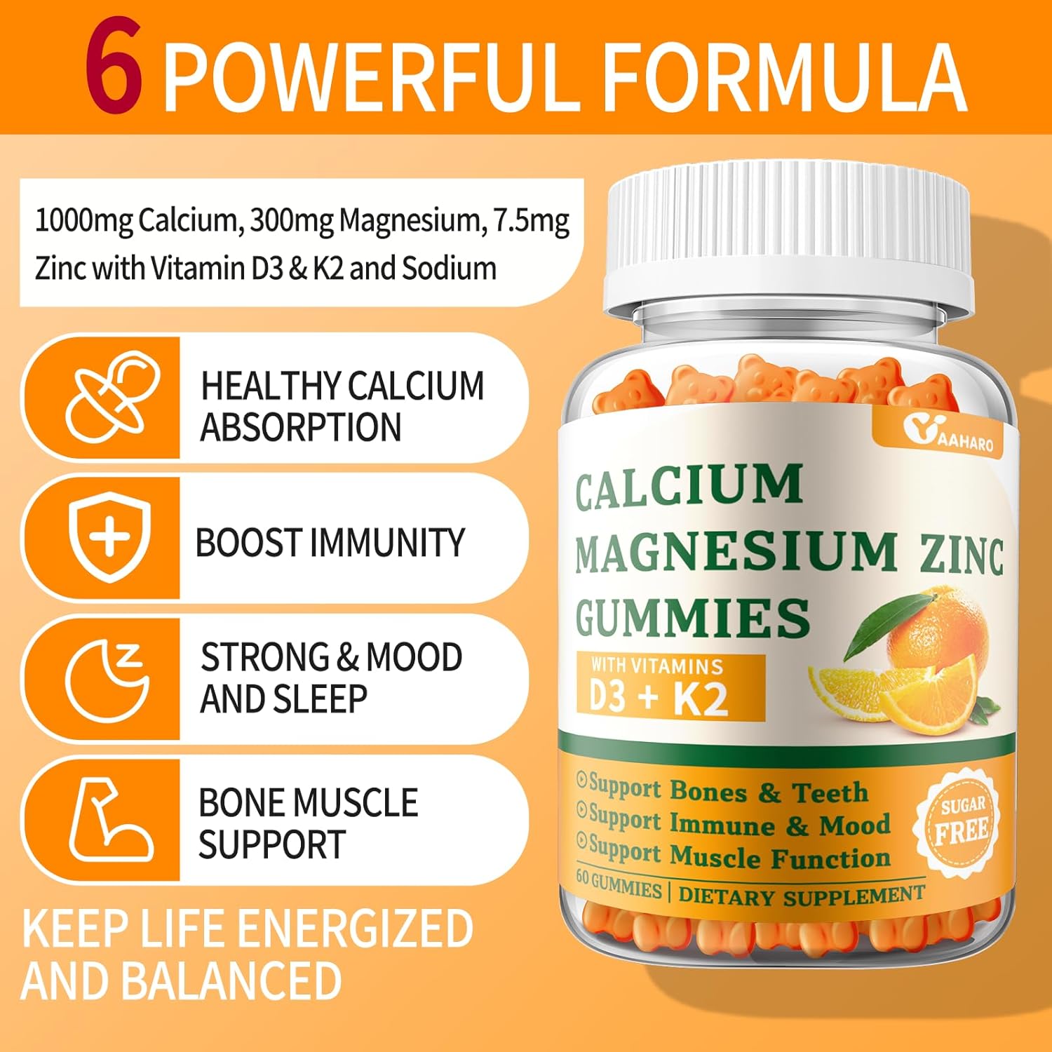 (2 Pack) Calcium Magnesium Zinc Gummies with Vitamin D3 & K2 - Sugar Free Calcium Gummies for Women and Men - Bone & Immune Support - Non-GMO, Gluten-Free, Orange Flavored - 120 Count