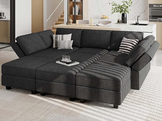 Belffin Modular Sectional Sleeper Sofa Couch with Storage Ottoman Convertible Sectional Couches for Living Room Terry Reversible Chaise. Black Sofa