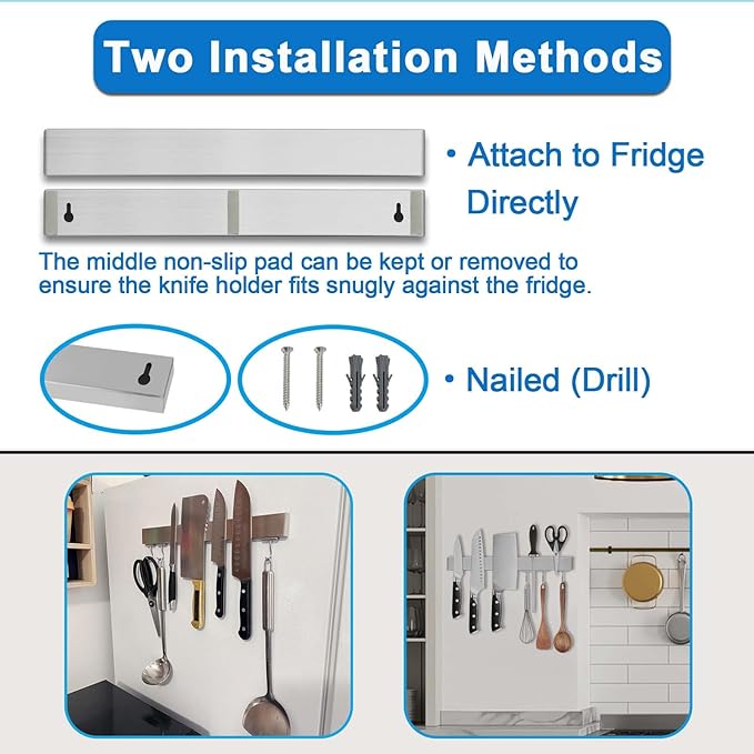 14 Inch Magnetic Knife Holder for Refrigerator - Knife Magnetic Strip for Fridge with Magnetic Hooks - Double Sided Magnetic Knife Bar - Stainless Steel Kitchen Magnetic Knife Hanger Rack