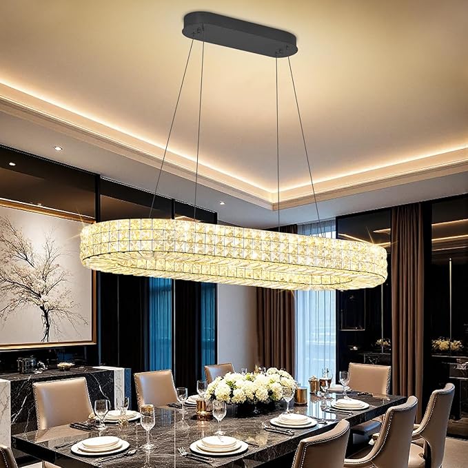Modern Crystal Chandelier, Dia 40" Rectangular Chandelier for Dining Room,Black Rectangle Crystal Ceiling Light Luxury Oval Chandeliers for Living Room Kitchen Island