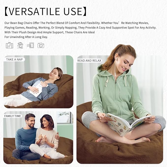 Bean Bag Chair for Adults 5FT,Soft Removable Cover for Teens/Girls Bedroom,Fluffy Giant Round Floor Beanbag Lounger Chairs (No Filler,Deep Coffee)