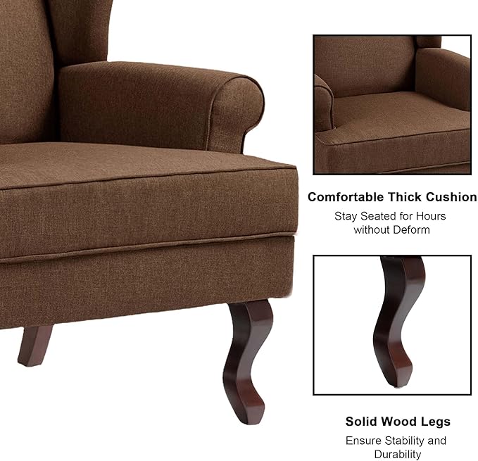 Accent Chair, High Back Upholstered Armchair with High Resilience Sponge & Wood Legs, Mid-Century Modern Comfy Single Sofa Reading Chairs for Living Room, Bedroom (Brown, Set of 2)