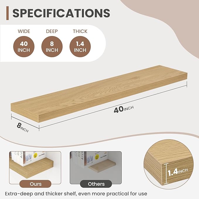 40 Inch Floating Shelves, 8 Inch Deep Floating Shelves for Wall, Hanging Shelf with Invisible Brackets, Deep Shelves for Bathroom, Bedroom, Living Room, Oak, Set of 2