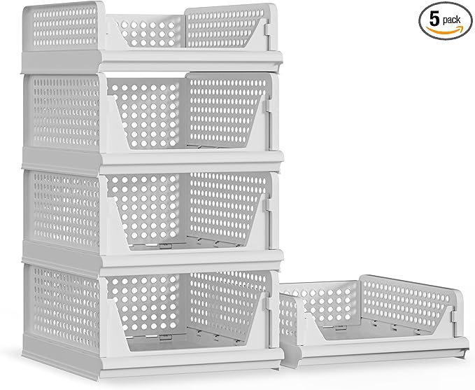 5 Pack Stackable Plastic Storage Basket Closet Organizer Bin Foldable Clothes Organizer Storage Drawer Shelf Container for Living room Bathroom Kitchen Office (3L+2S)