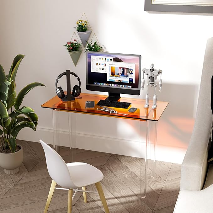 Acrylic Desk, Modern Study Table for Home Office - Extended Surface Multi-Purpose Console & Entryway Table, Sturdy Lightweight Design (42.5-inch, Orange)