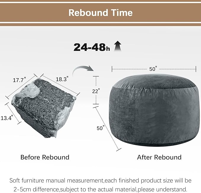 Bean Bag Chairs for Adults - Memory Foam Furniture BeanBag Chair - Kids/Teens Sofa with Soft Micro Fiber Cover - Round Fluffy Couch for Living Room Bedroom College Dorm - 5 ft, Grey