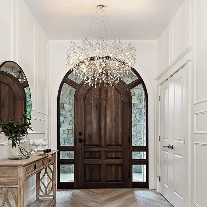 14-Light Modern Living Room Crystal Chandeliers,48" Round Silver Tree Branche Chandelier,Silver K9 Crystal Chandeliers for Dining Room,High Ceiling,Entryway、Foyer