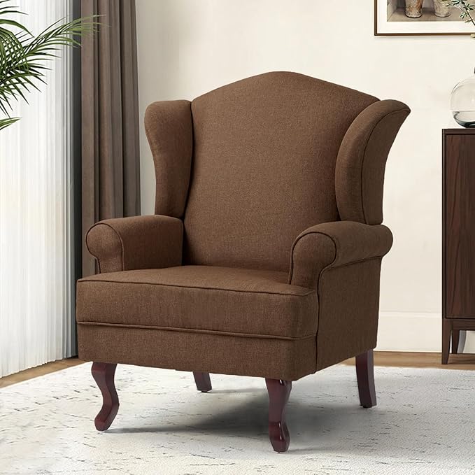 Accent Chair, High Back Upholstered Armchair with High Resilience Sponge & Wood Legs, Mid-Century Modern Comfy Single Sofa Reading Chairs for Living Room, Bedroom (Brown, Set of 2)