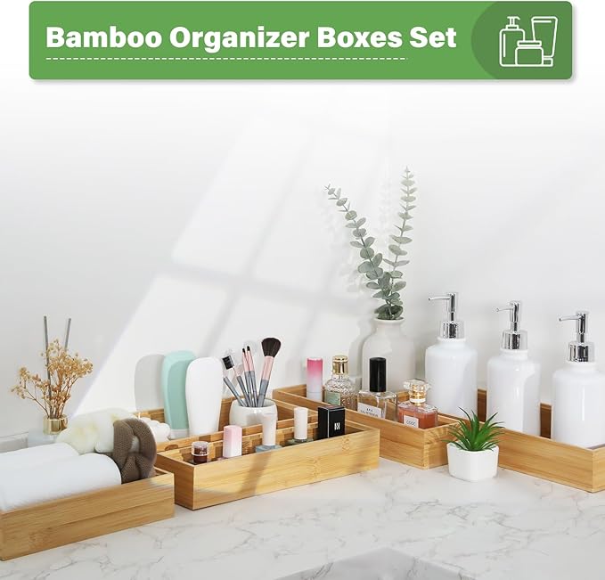 Bamboo Drawer Organizer, 2PCS Stackable Storage Boxes for Utensil Organizer, Wood Tray for kitchen, Bathroom and Bedroom 12" x 6" x 2"