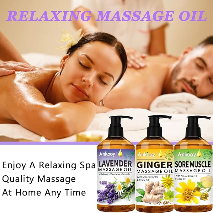 3 Pack Massage Oil for Massage Therapy,Sore Muscle Arnica Oil & Relaxing Lavender Oil & Ginger Oil Lymphatic Drainage & Massage Ball,Lymphatic Drainage Massager Body Oil,Massage Kit Gifts for Women