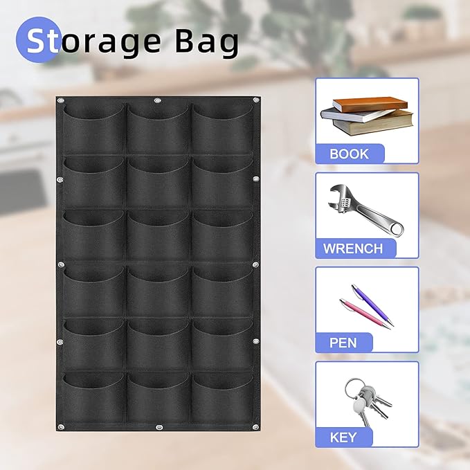 18 Pockets Hanging Planter Bags, Hanging Vertical Wall Mounted Plant Planting Grow Bags, Herb Garden Planter Outdoor Indoor Growing Bag, Gardening Vertical Greening Flower Container(1m×0.5m, Black)
