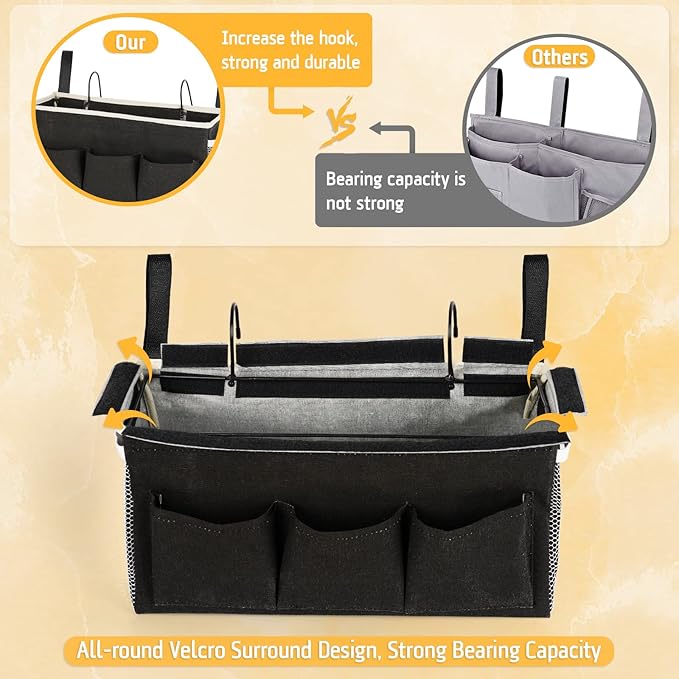 Bedside Caddy Bedside Organizer Bedside Storage Caddy with Fixed Straps and Water Bottle Holder for Home College Dorm Bunk Bed Hospital Bed Crib Bed Rails (2pcs Black)