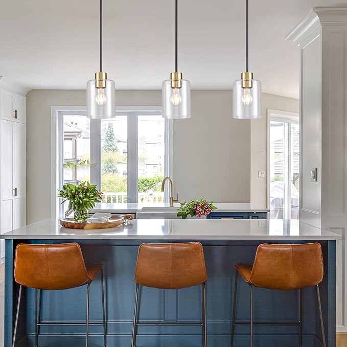 Black Brass Pendant Lights Kitchen Island - Clear Glass Pendant Light Fixture Multiple Stems Rods 3 Units 12 Inch 3 Units 4 Inch (3 Pack Black Brass Downrod)