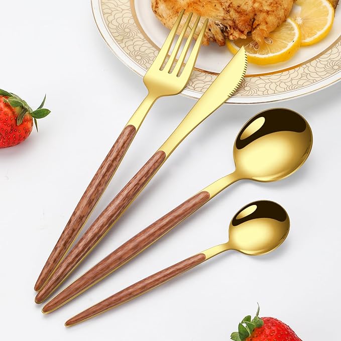16 Pcs Gold Silverware Set with Simulated Wooden Handle for 4,Stainless Steel Cutlery Set,Mirror Polished Tableware Utensils Flatware Set,Include Knives Spoons and Forks set,Dishwasher Safe