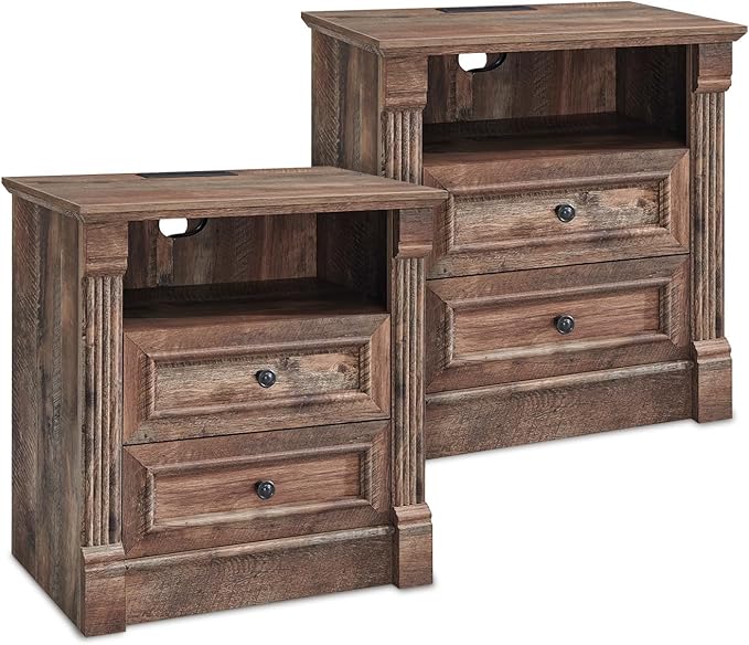 26" Tall Farmhouse Nightstand Set of 2, 2 Drawers End Table w/Charging Station, 23.6" Wide Large Side Table w/Roman Column, Wood Rustic Sofa Table w/Open Shelf, Bedside Table for Bedroom, Light Brown