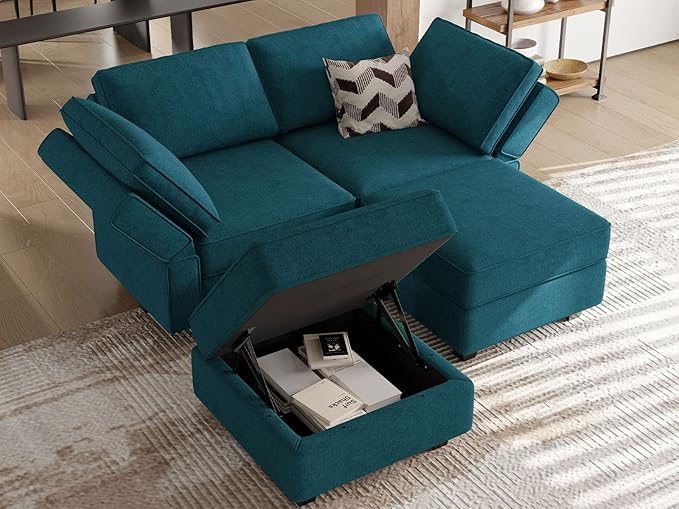 Bellfin Modular Sectional Sleeper Sofa Convertible Sofas with Storage Ottomans Small Sectional Couches for Living Room. Peacock Blue Couch