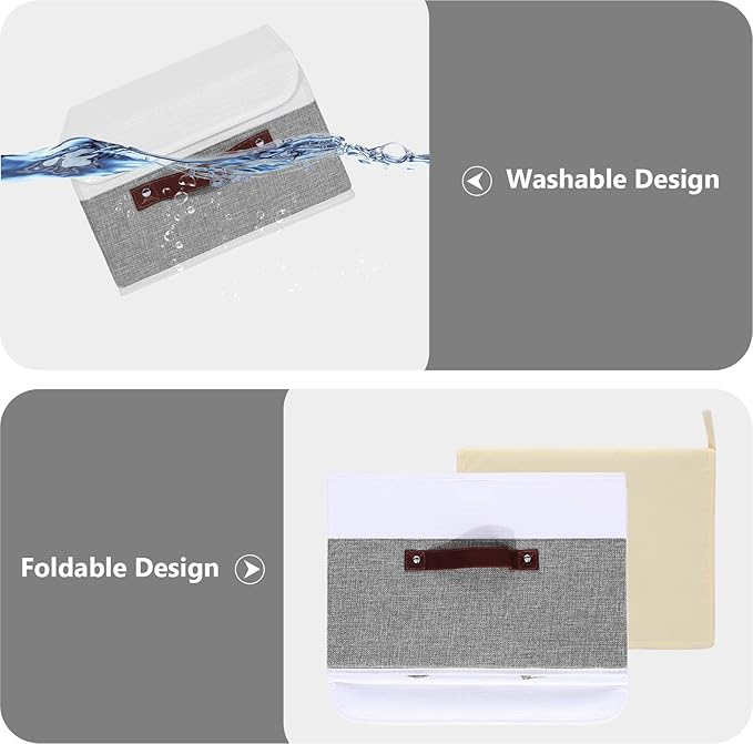 ANMINY 2PCS Storage Boxes with Lid Washable Decorative Storage Bins Basket with PU Leather Handle Foldable Linen Fabric Storage Cubes Containers for Home Closet Organizer - Gray White, Small Size