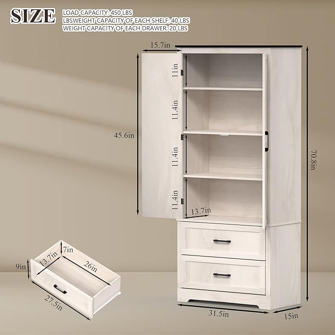 71" Kitchen Pantry Storage Cabinet, Barn Doors Tall Storage Pantry Cabinet with Drawers & Adjustable Shelf, Modern Farmhouse Cupboard Wood Pantry for Kitchen, Living Room, Dining Room, Oak Beige