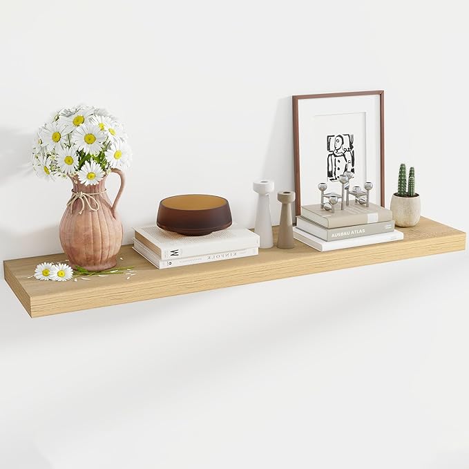 48 Inch Floating Shelves, 11.6 Inch Deep Floating Shelves for Wall, Floating Shelf with Invisible Brackets, Deep Shelves for Bathroom, Bedroom, Living Room, 1 Pack, Natural