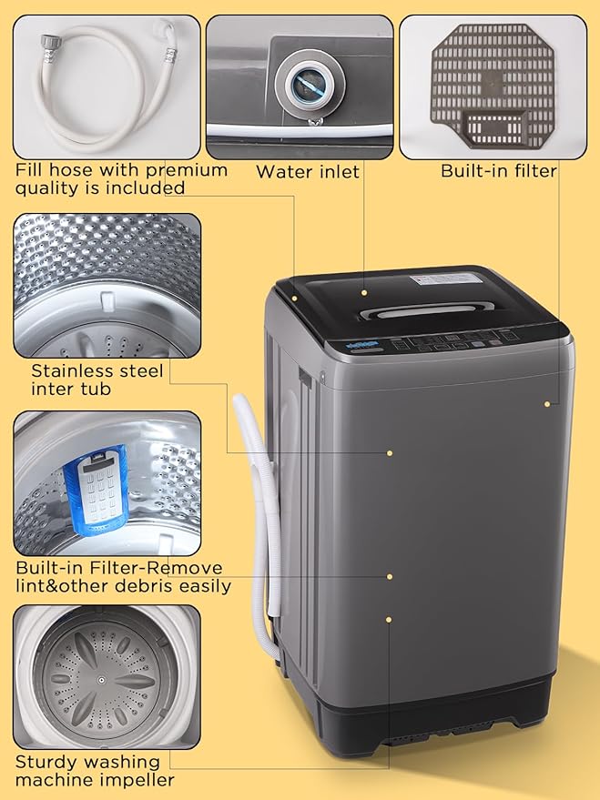 17.7 lbs Full-Automatic Washing Machine with LED Display, Portable Compact Laundry Washer with Drain Pump, 10 Wash Programs 8 Water Levels, Grey