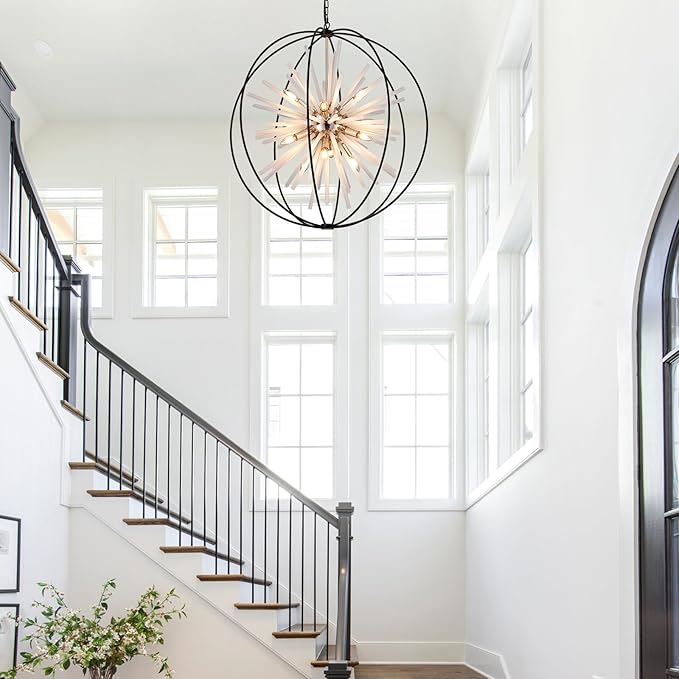 31.5" Black Gold 16-Light Globe Sputnik Chandelier Modern Industrial Adjustable Hanging Ceiling Pendant Light Fixture for Entryway Foyer Stairway Dining Living Room Hallway