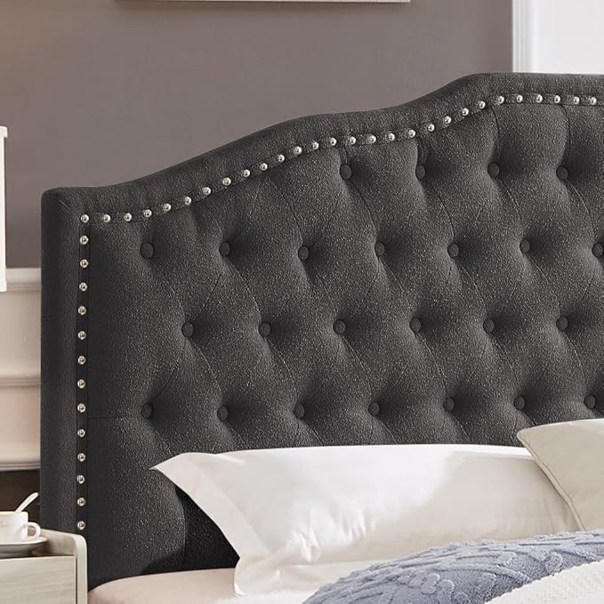 24KF Upholstered Button Tufted King Size Headboard with Nailhead Trim, Elegant Boucle Fabric California King headboard, 6031-K-Boucle-Dark Gray