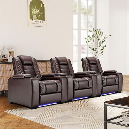 ANJ Power Home Theater Seating Set of 3, Brown Faux Leather Electric Recliner Chair with Powered Headrest, Dual Motors Movie Reclining Chairs with LED Lights,USB Port,Cup Holders, Hidden Arm Storage
