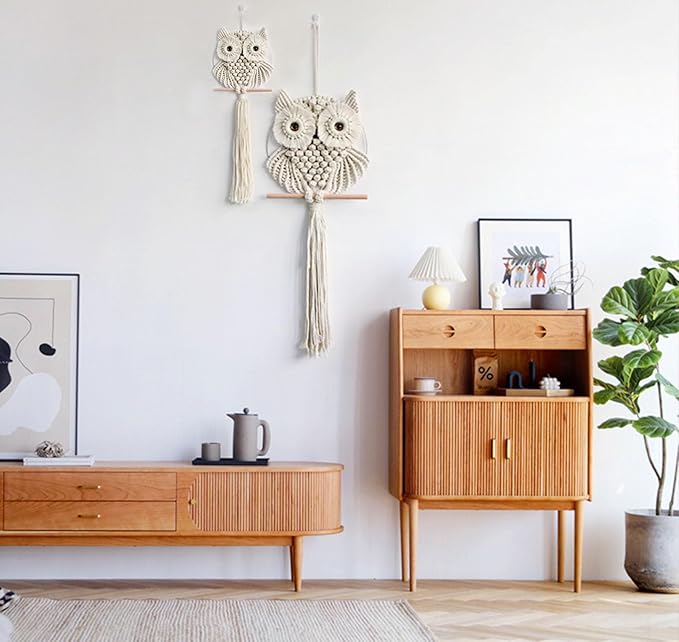 Achart Owl Macrame Wall Hanging-Hand Woven Boho Tapestry-Macrame Wall Decor -Owl Decor for Bedroom, Living Room, Nursery (Beige-L&S)