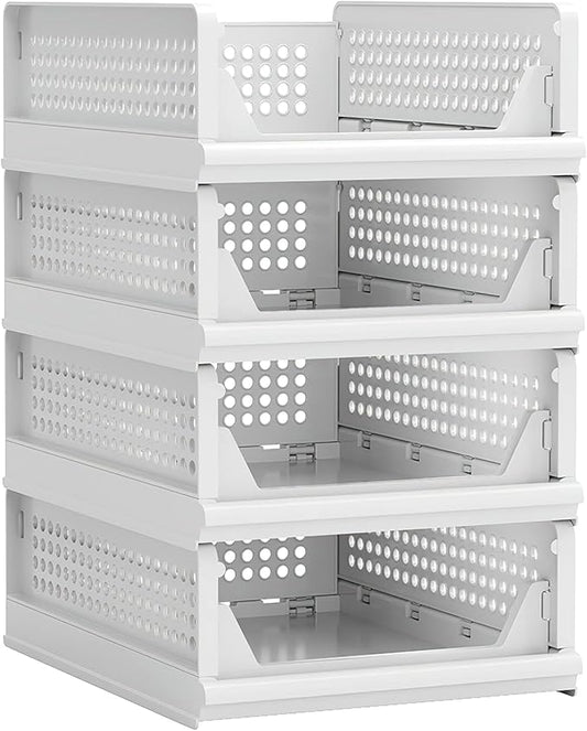 4 Pack Stackable Plastic Storage Basket Closet Organizer Bin Foldable Clothes Organizer Storage Drawer Shelf Container for Living Room Bathroom Kitchen Office (4S)