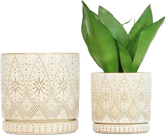 8 Inch + 6 Inch Indoor Plant Pot with Drainage Holes and Saucers, Ceramic Planter for Plants, Succulent Orchid Flower Pots
