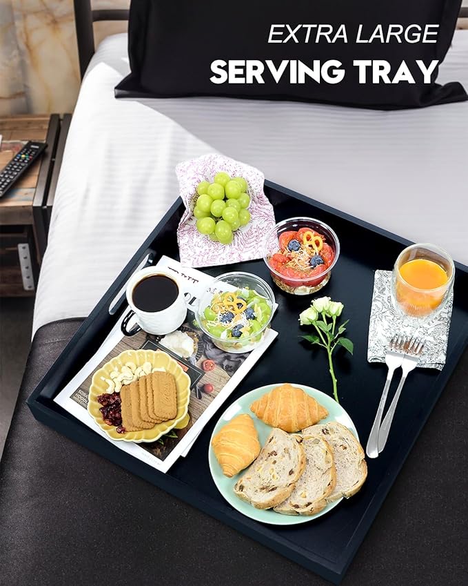 22 Inches Square Wood Ottoman Tray Black, Extra Large Wooden Serving Tray with Handles for Living Room, Serving Food Breakfast, Ottoman Coffee Table Couch Sofa Kitchen