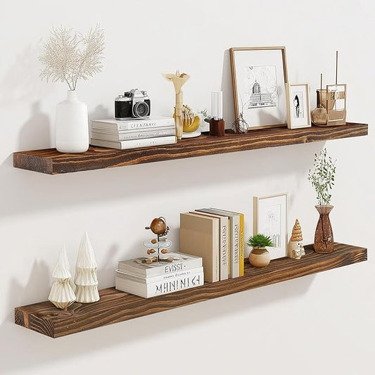 36"x6.8"x1.2" Solid Wood Floating Shelves 2-Pack - Rustic Brown Finish with Hidden Brackets, Perfect for Storage and Décor in Living Room, Kitchen, Bedroom