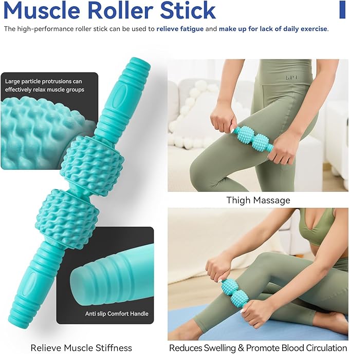 5 in 1 Foam Roller Set - Back Roller Foam, Massage Roller Stick, Massage Ball, Resistance Band for Physical Therapy & Deep Tissue Muscle Massage (Green)