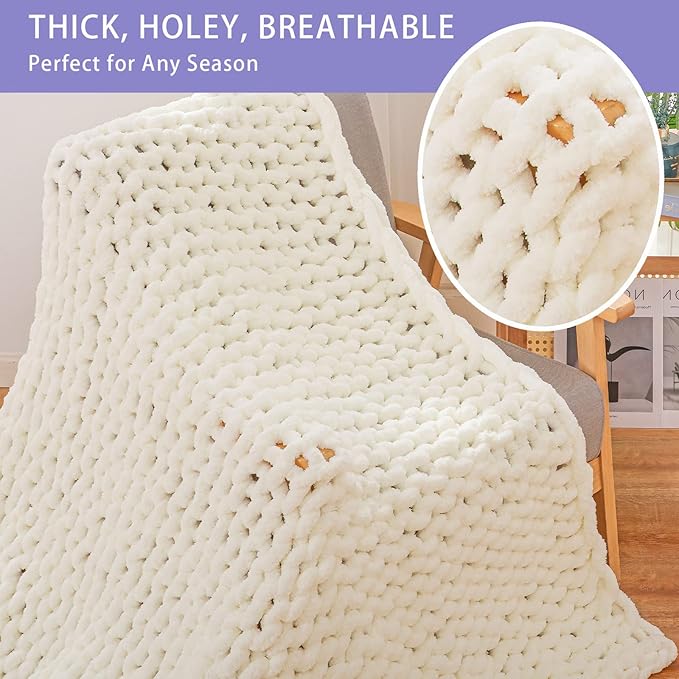 Bigacogo Chunky Knit Throw Blanket for Couch, 60x80 inches, 100% Hand Knitted with Thick Jumbo Chenille Yarn, Cozy Soft Large Rope Knot Cable Crochet Blankets for Sofa Bed Living Room, Ivory