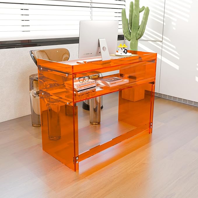 Acrylic Desk with Retaining Edge, Orange Acrylic Table, Console Table for Office, Study, Bedroom, Entrance Decor (17.7" D x 39.4" W x 31.5" H, Orange)