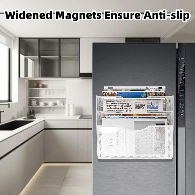 3-Tier Magnetic File Holder, No Drilling Installation File Cabinet Organizer, White Magnetic File Organizer, Magazine Rack, Magnetic Paper Holder for Refrigerator, File Cabinets,White