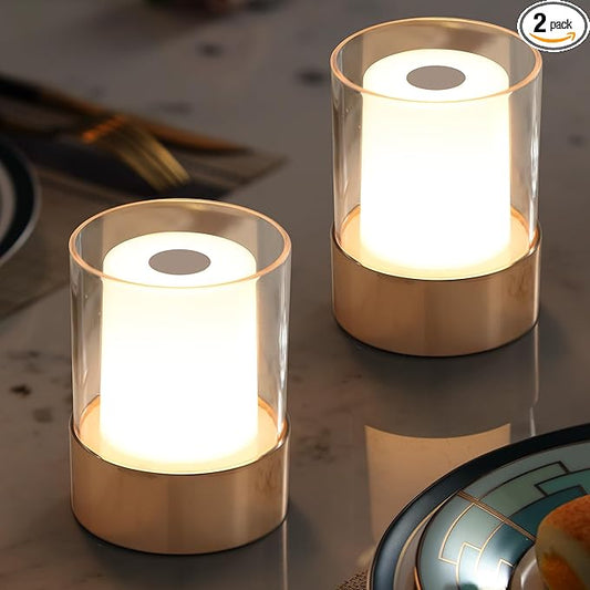 4" Mini Dining Table Light 2 Pack for Buffet Restaurant, Outdoor Waterproof Lamps for Bathroom Camping, Rechargeable Cordless Table Lamp for Bar, Touch Warm Night Light for Nursery Baby (Gold)