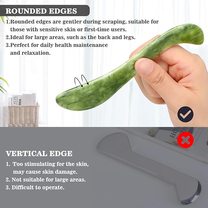 2 PCS Jade Stone Gua Sha Massage Tool, Large Guasha Muscle Scraper Tools Set with Handle Muscle Scraping Massage Tools S Shaped Anti Cellulite Spa Acupuncture Tools for Lymphatic Drainage