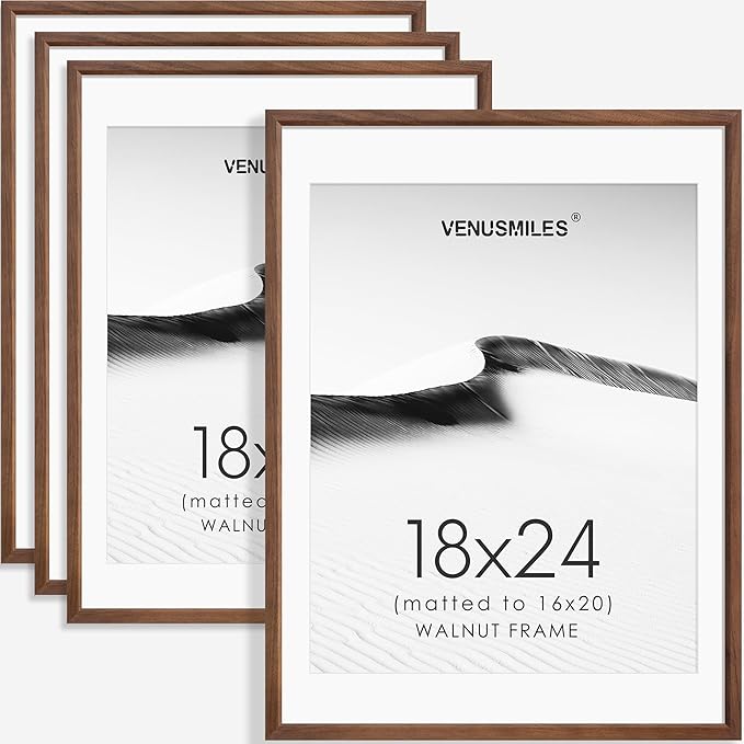 18x24 Poster Frame Set of 4 Natural Solid Walnut Photo Frames with 16x20 Removable Mat Wall Hanging Large Handcrafted Frame with HD Plexiglass Wall and Tabletop Display Large Picture Frame