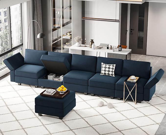 Belffin Modular Velvet Sectional Sofa with Chaise Lounge Sectional Sleeper Sofa with Storage Chaise Bed Couch for Living Room Blue