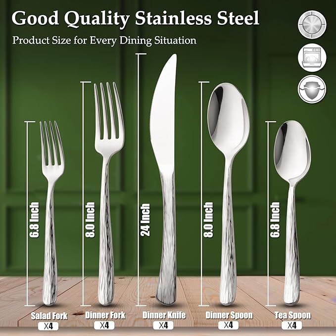 Aisoso 20-Piece High-End Silverware Set with Stone Patterned Handle Mirror Finished Stainless Steel Serving Utensils for 4, Durability and Dishwasher Safe for Home, Restaurant, Weddings