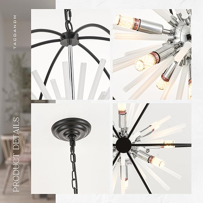 23.6" Black Chrome 12-Light Globe Sputnik Chandelier Modern Adjustable Hanging Ceiling Glass Tube Pendant Light Fixture for Entryway Foyer Staircase Dining Living Room Hallway